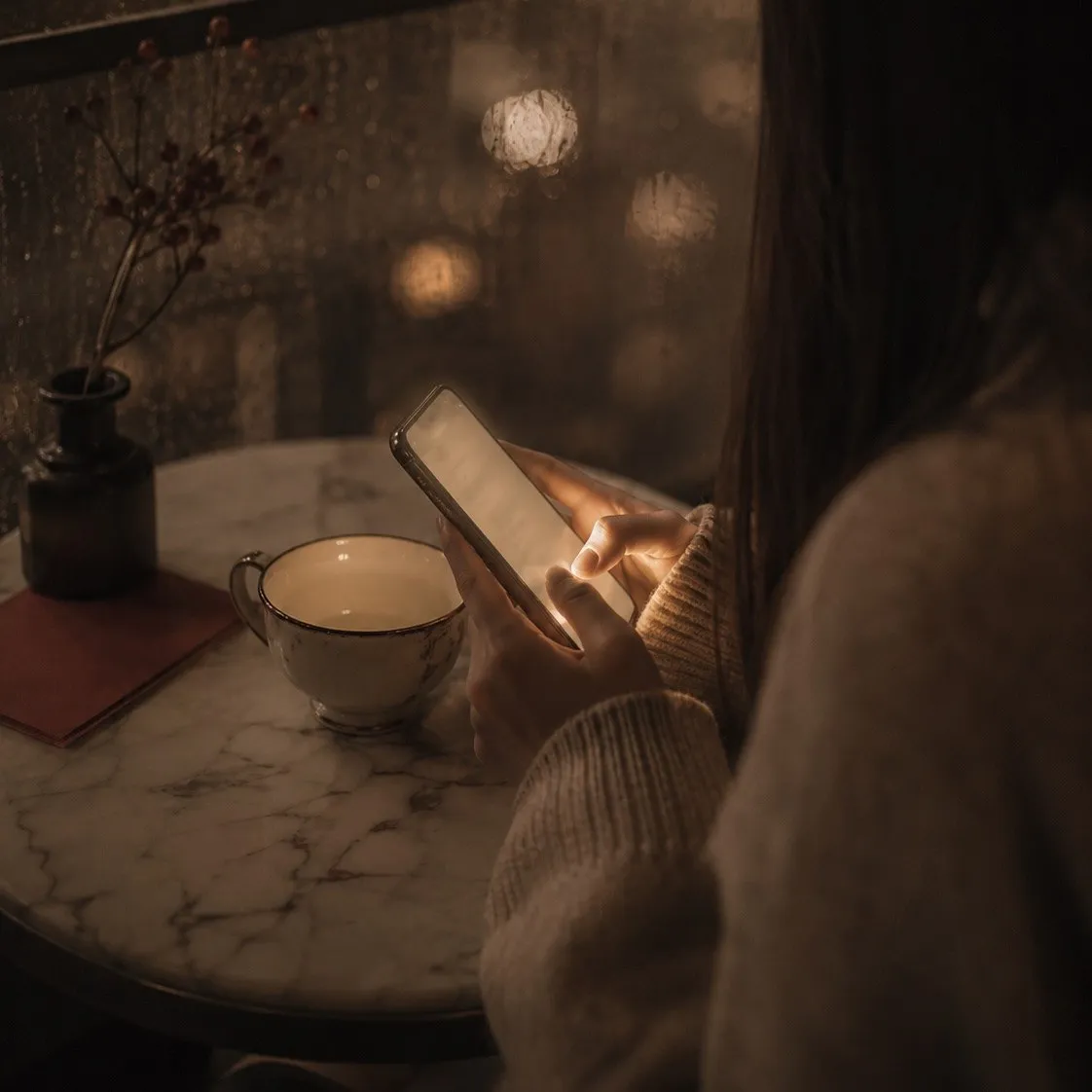 mains tenant un téléphone à la table d’un café, le soir